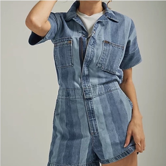 Lee Pants - Lee Union-Alls Denim Romper Striped Utility Zip Front Short Jumpsuit Large-NWT
